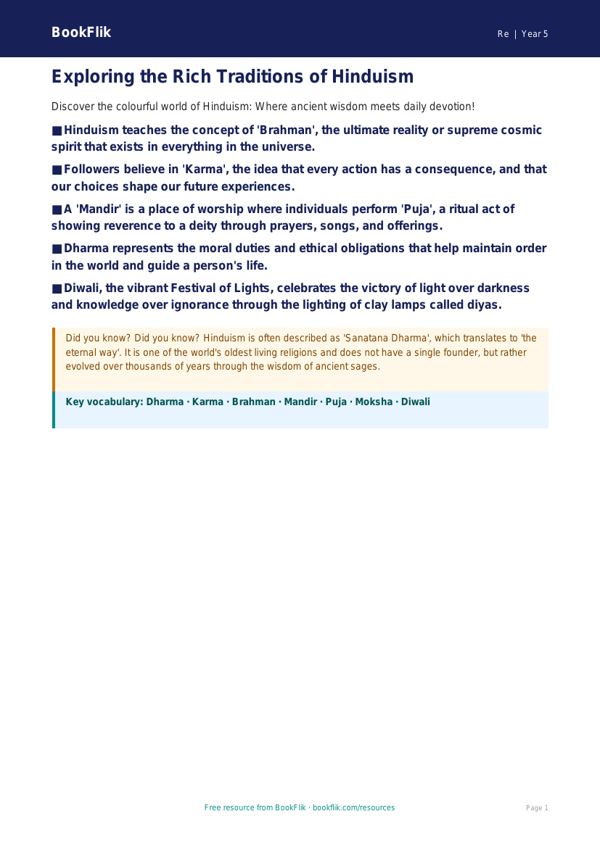 Free Hinduism Poster | Year 5 Greater Depth | BookFlik worksheet preview — Re Hinduism