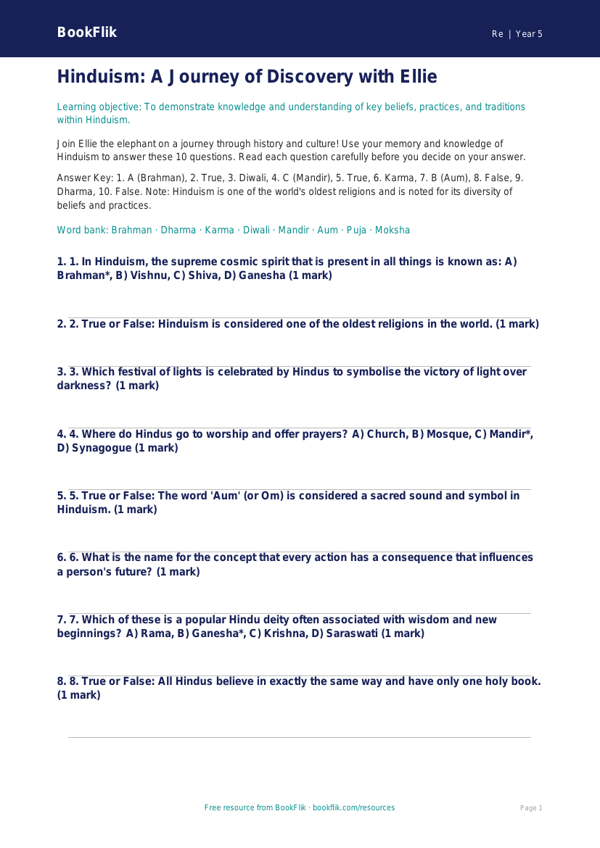 Free Hinduism Quiz | Year 5 Greater Depth | BookFlik worksheet preview — Re Hinduism