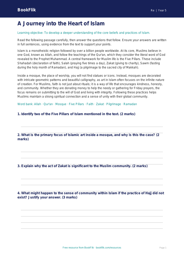 Free Islam Comprehension | Year 5 Greater Depth | BookFlik worksheet preview — Re Islam