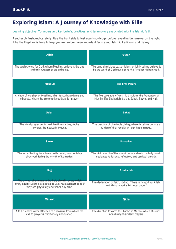 Free Islam Flashcards | Year 5 Greater Depth | BookFlik worksheet preview — Re Islam
