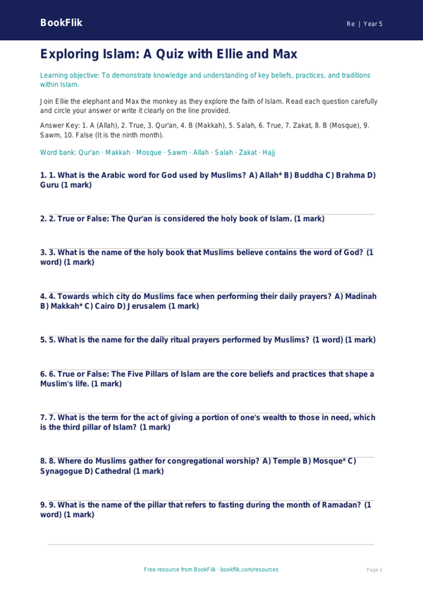 Free Islam Quiz | Year 5 Greater Depth | BookFlik worksheet preview — Re Islam