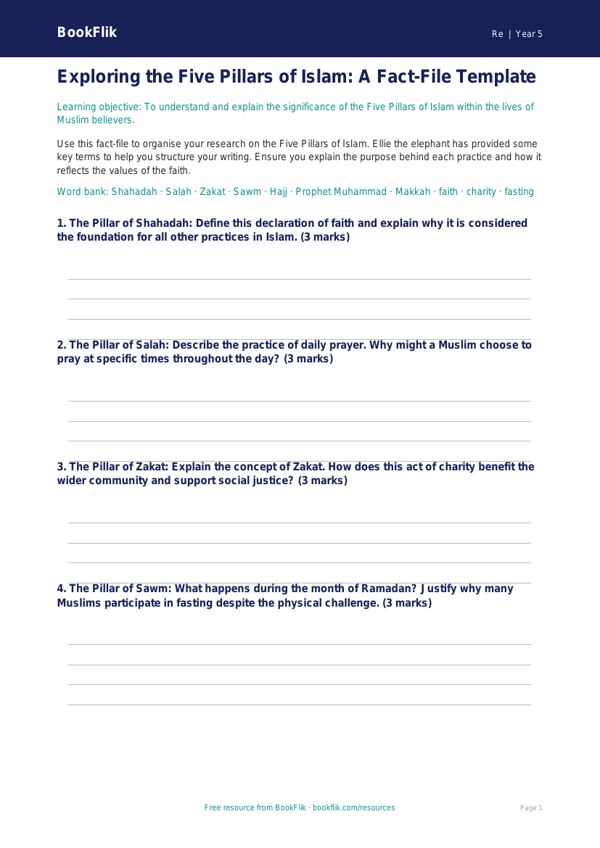 Free Islam Template | Year 5 Greater Depth | BookFlik worksheet preview — Re Islam