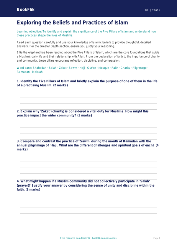 Free Islam Worksheet | Year 5 Greater Depth | BookFlik worksheet preview — Re Islam