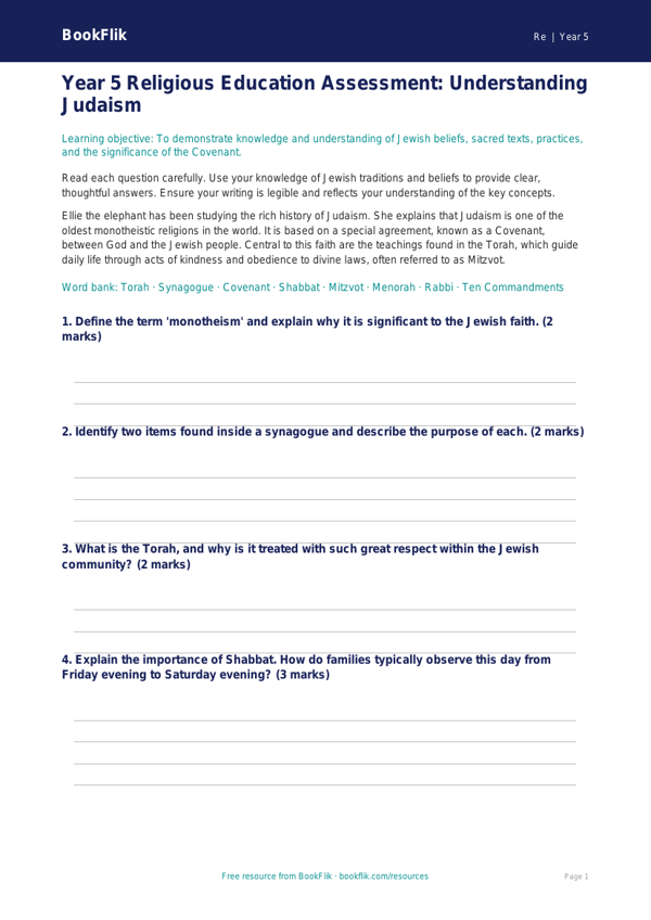 Free Judaism Assessment | Year 5 Greater Depth | BookFlik worksheet preview — Re Judaism