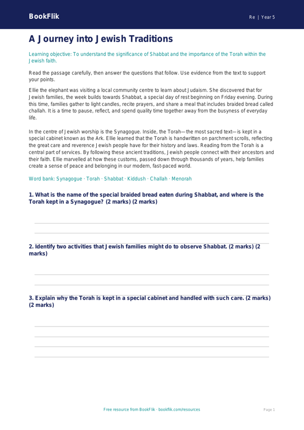 Free Judaism Comprehension | Year 5 Greater Depth | BookFlik worksheet preview — Re Judaism