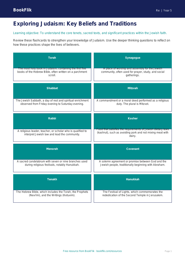 Free Judaism Flashcards | Year 5 Greater Depth | BookFlik worksheet preview — Re Judaism