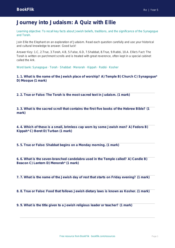 Free Judaism Quiz | Year 5 Greater Depth | BookFlik worksheet preview — Re Judaism
