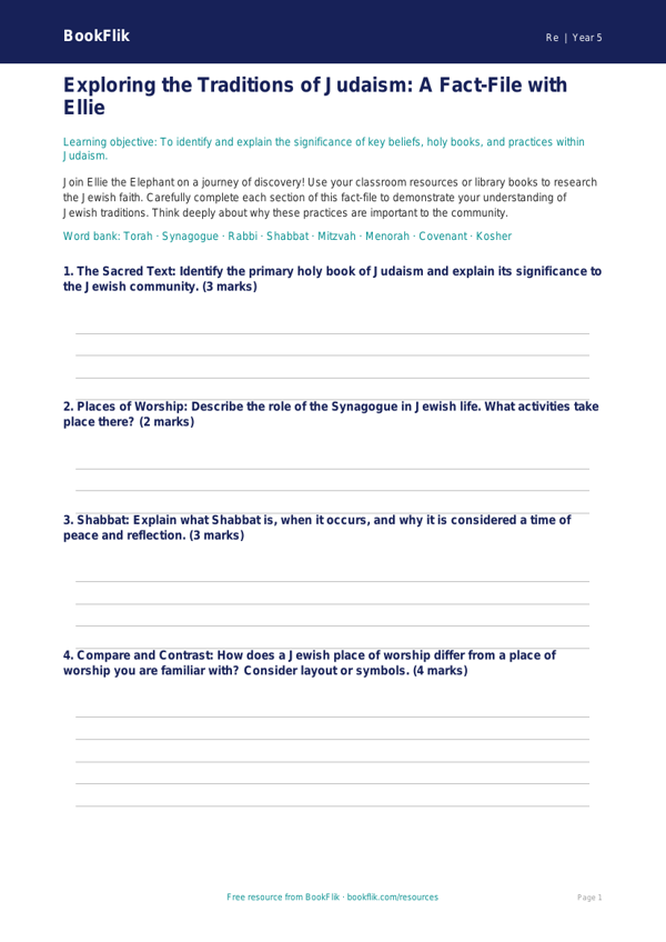 Free Judaism Template | Year 5 Greater Depth | BookFlik worksheet preview — Re Judaism
