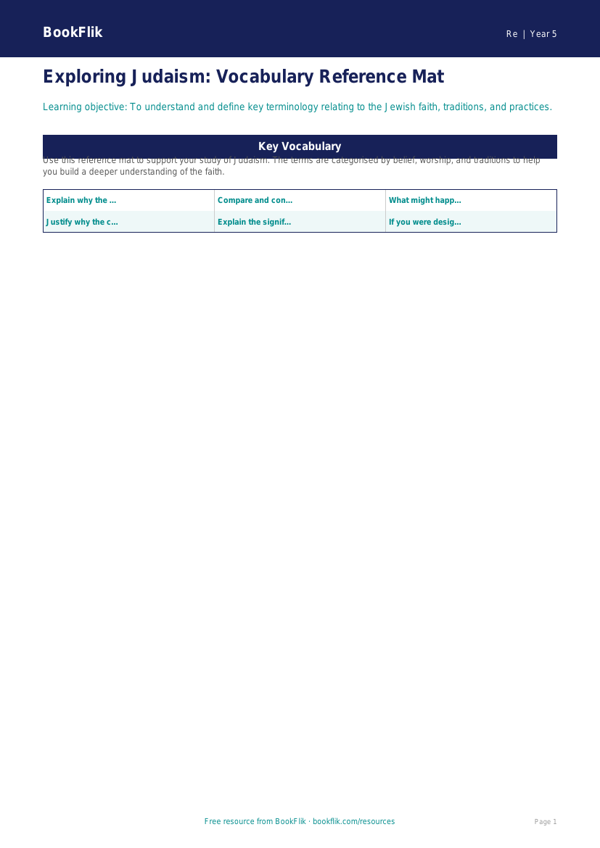 Free Judaism Word Mat | Year 5 Greater Depth | BookFlik worksheet preview — Re Judaism