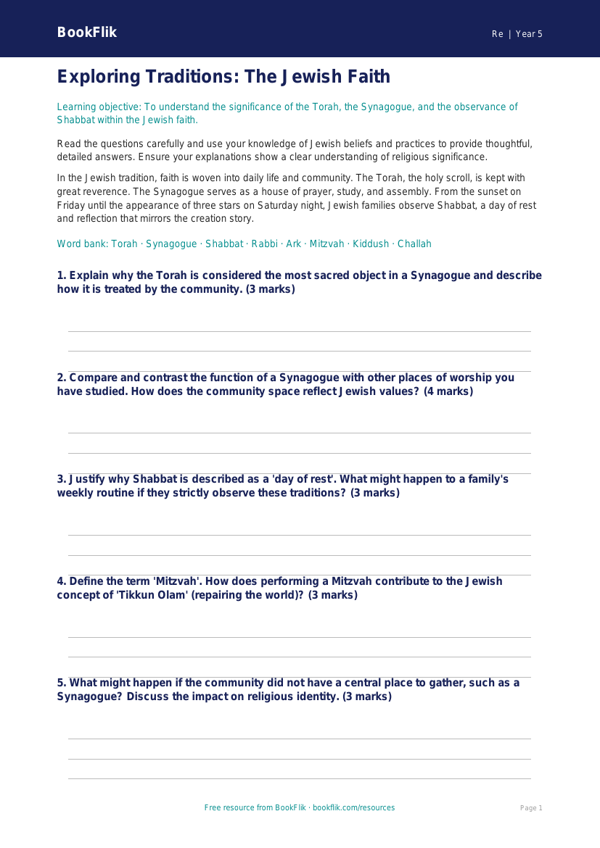 Free Judaism Worksheet | Year 5 Greater Depth | BookFlik worksheet preview — Re Judaism