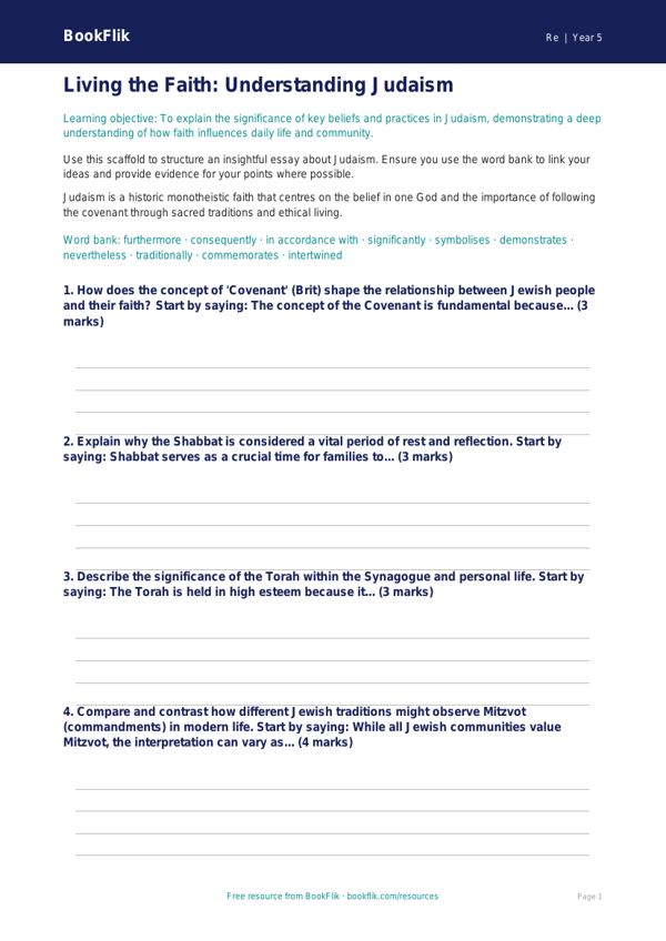 Free Judaism Writing Frame | Year 5 Greater Depth | BookFlik worksheet preview — Re Judaism
