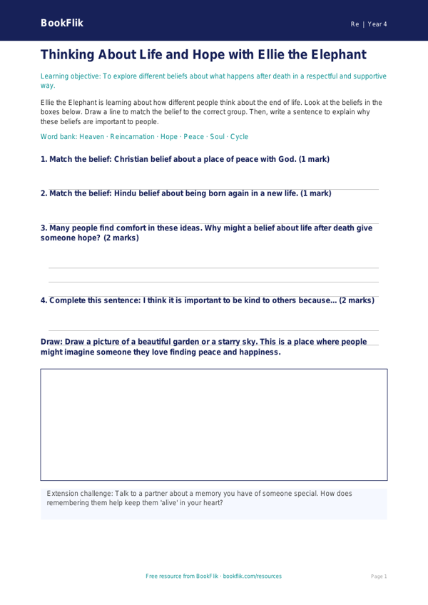 Free Life After Death Activity Sheet | Year 4 Supported | BookFlik worksheet preview — Re Life After Death