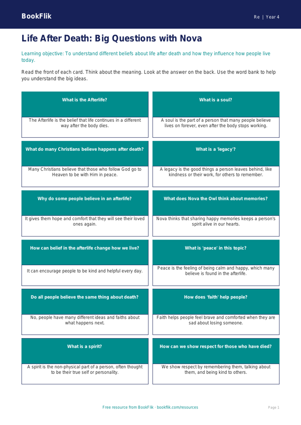 Free Life After Death Flashcards | Year 4 Supported | BookFlik worksheet preview — Re Life After Death