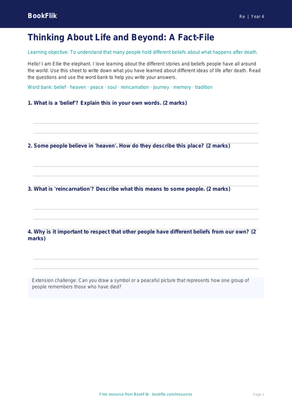 Free Life After Death Template | Year 4 Supported | BookFlik worksheet preview — Re Life After Death