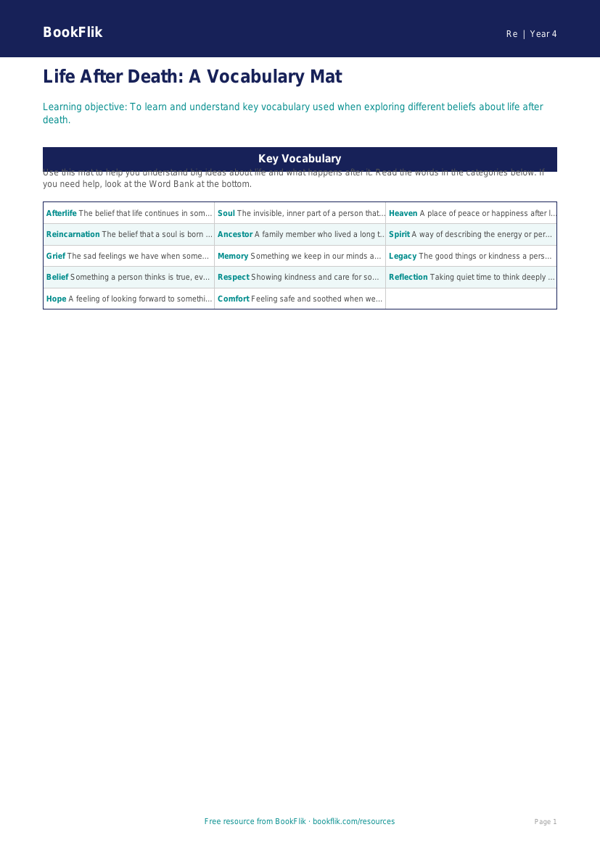 Free Life After Death Word Mat | Year 4 Supported | BookFlik worksheet preview — Re Life After Death