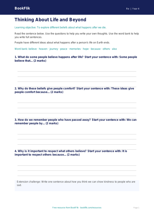 Free Life After Death Writing Frame | Year 4 Supported | BookFlik worksheet preview — Re Life After Death
