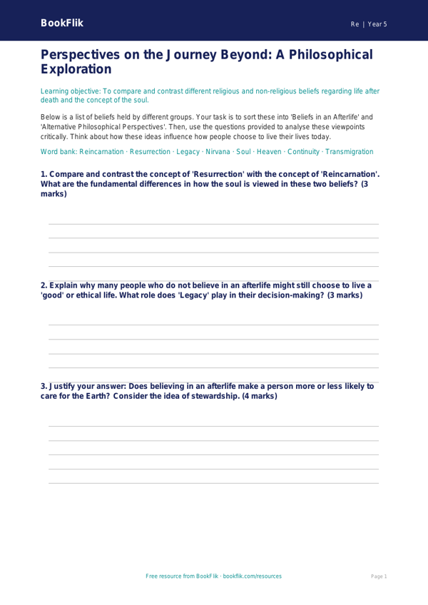 Free Life After Death Activity Sheet | Year 5 Greater Depth | BookFlik worksheet preview — Re Life After Death