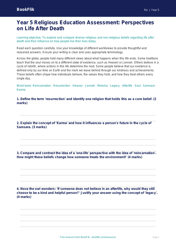 Free Life After Death Assessment | Year 5 Greater Depth | BookFlik worksheet preview — Re Life After Death