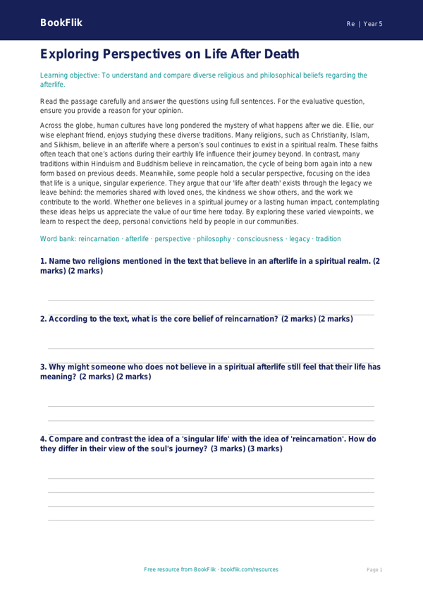 Free Life After Death Comprehension | Year 5 Greater Depth | BookFlik worksheet preview — Re Life After Death
