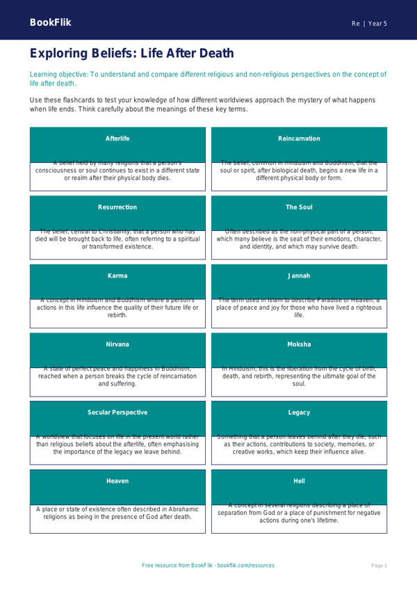 Free Life After Death Flashcards | Year 5 Greater Depth | BookFlik worksheet preview — Re Life After Death