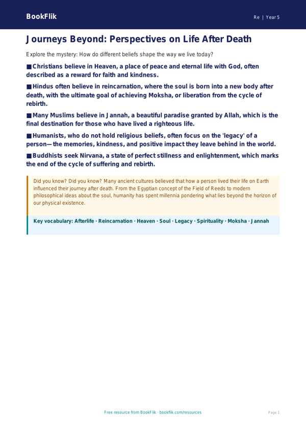 Free Life After Death Poster | Year 5 Greater Depth | BookFlik worksheet preview — Re Life After Death