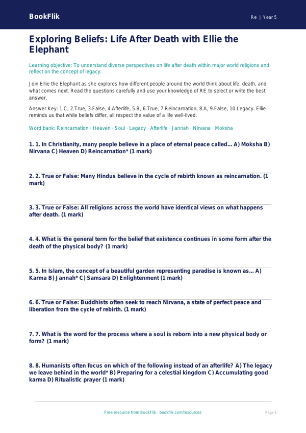 Free Life After Death Quiz | Year 5 Greater Depth | BookFlik worksheet preview — Re Life After Death