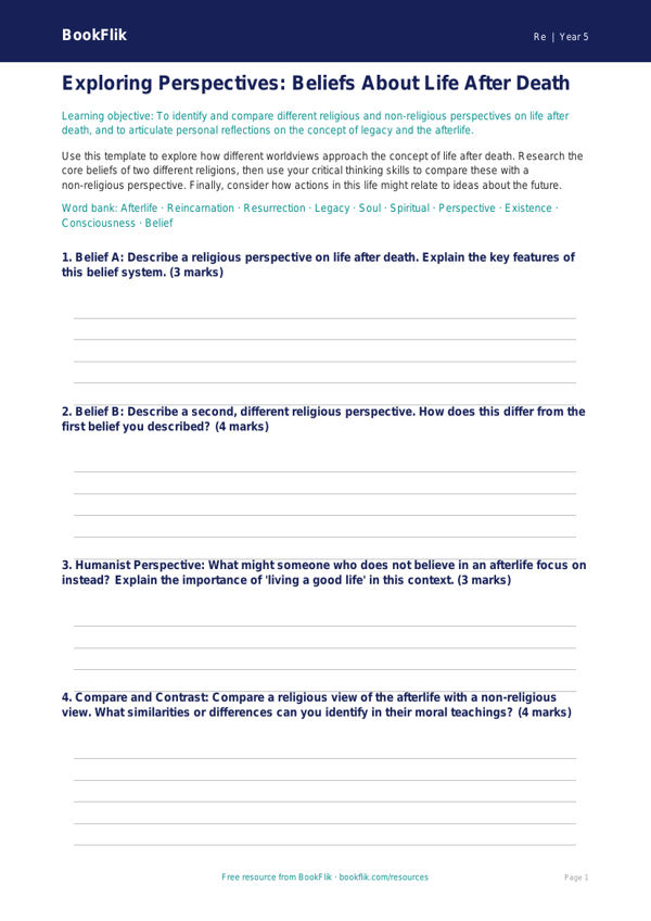 Free Life After Death Template | Year 5 Greater Depth | BookFlik worksheet preview — Re Life After Death