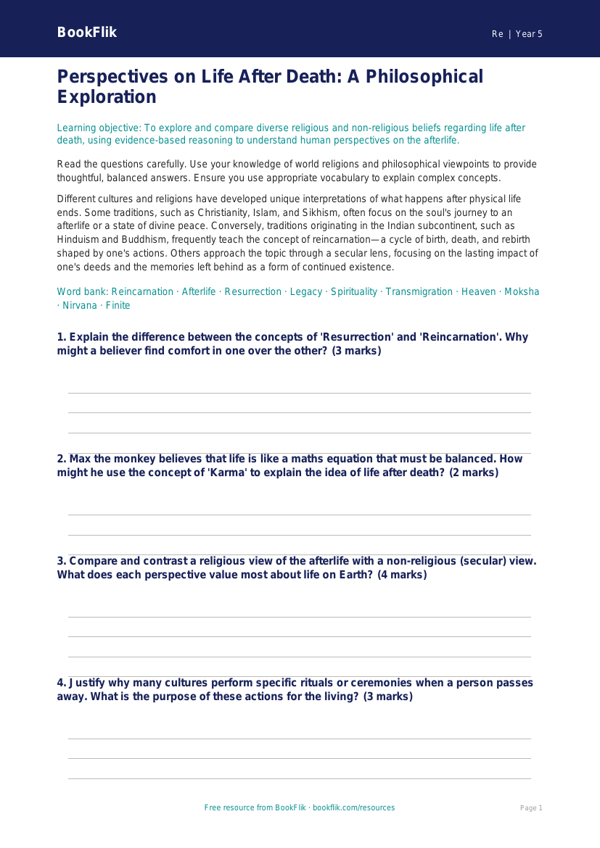 Free Life After Death Worksheet | Year 5 Greater Depth | BookFlik worksheet preview — Re Life After Death