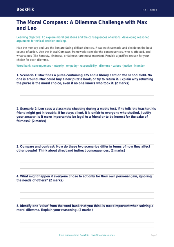 Free Moral Questions Activity Sheet | Year 5 Greater Depth | BookFlik worksheet preview — Re Moral Questions
