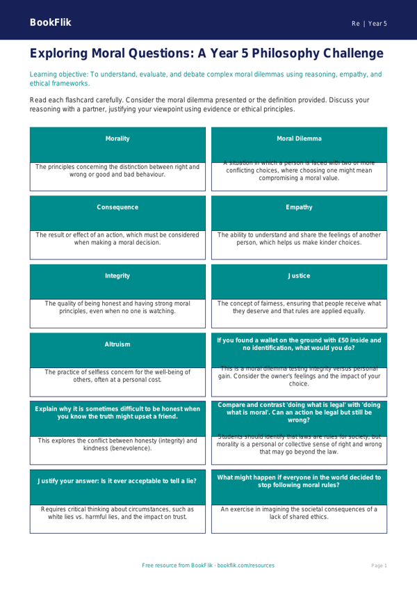 Free Moral Questions Flashcards | Year 5 Greater Depth | BookFlik worksheet preview — Re Moral Questions