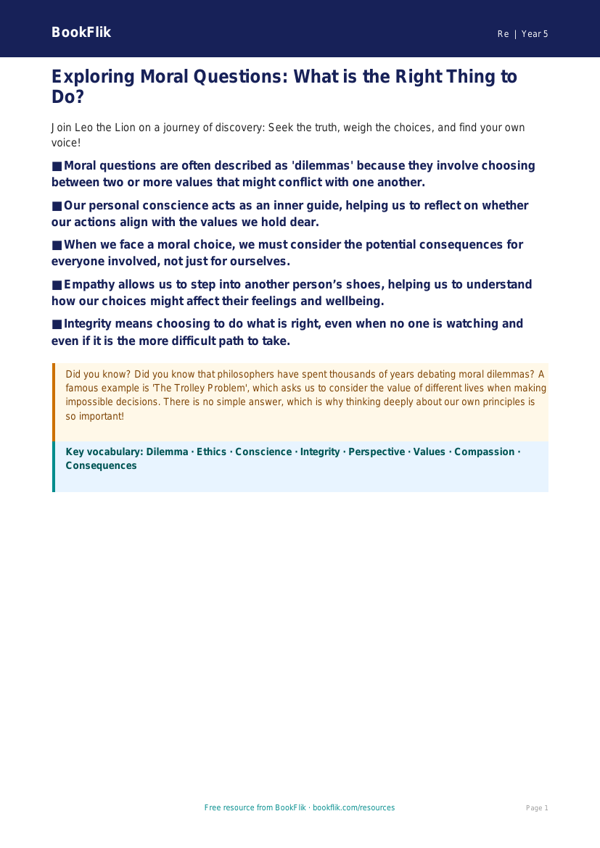 Free Moral Questions Poster | Year 5 Greater Depth | BookFlik worksheet preview — Re Moral Questions