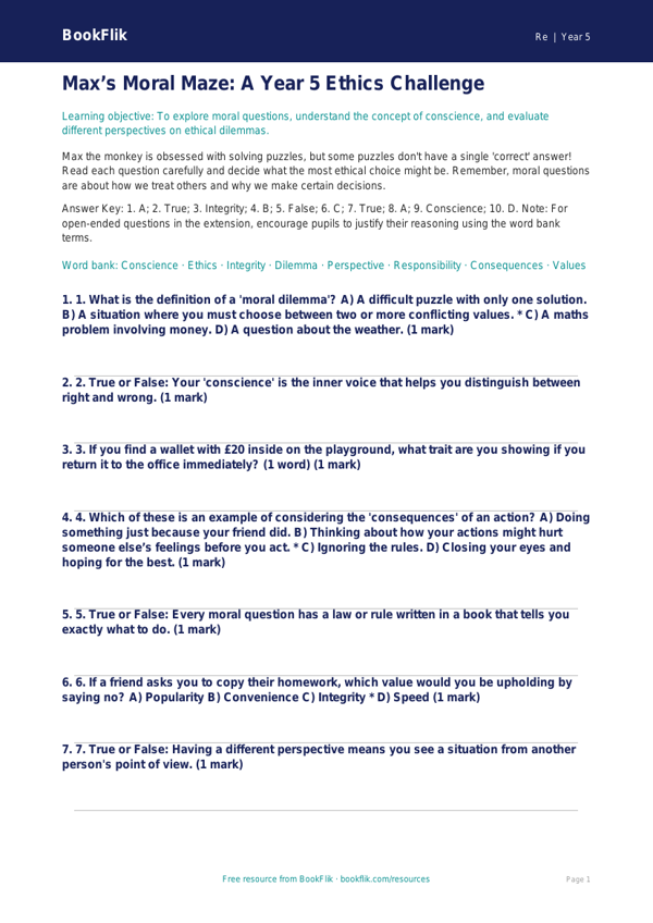 Free Moral Questions Quiz | Year 5 Greater Depth | BookFlik worksheet preview — Re Moral Questions