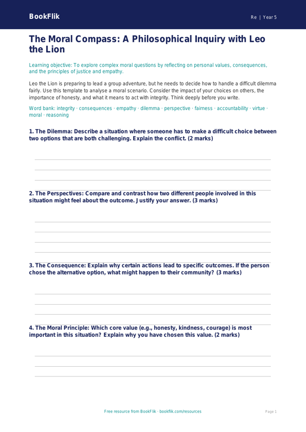 Free Moral Questions Template | Year 5 Greater Depth | BookFlik worksheet preview — Re Moral Questions