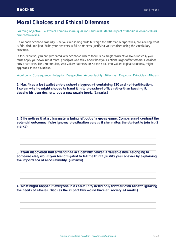 Free Moral Questions Worksheet | Year 5 Greater Depth | BookFlik worksheet preview — Re Moral Questions