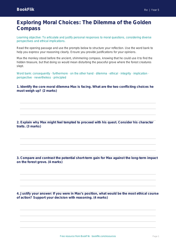 Free Moral Questions Writing Frame | Year 5 Greater Depth | BookFlik worksheet preview — Re Moral Questions