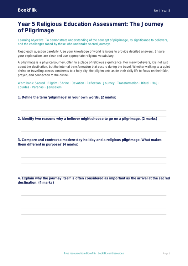 Free Pilgrimage Assessment | Year 5 Greater Depth | BookFlik worksheet preview — Re Pilgrimage