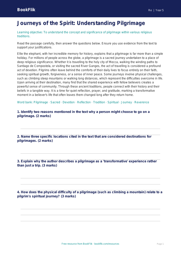 Free Pilgrimage Comprehension | Year 5 Greater Depth | BookFlik worksheet preview — Re Pilgrimage