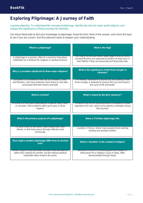 Free Pilgrimage Flashcards | Year 5 Greater Depth | BookFlik worksheet preview — Re Pilgrimage