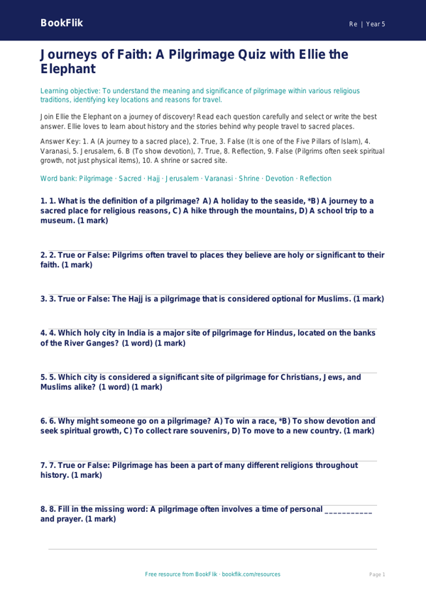 Free Pilgrimage Quiz | Year 5 Greater Depth | BookFlik worksheet preview — Re Pilgrimage