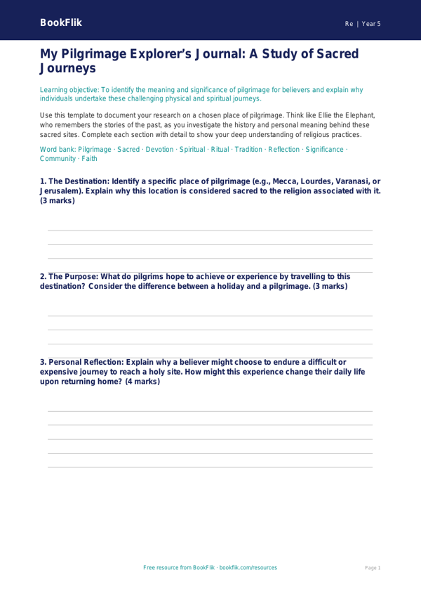 Free Pilgrimage Template | Year 5 Greater Depth | BookFlik worksheet preview — Re Pilgrimage