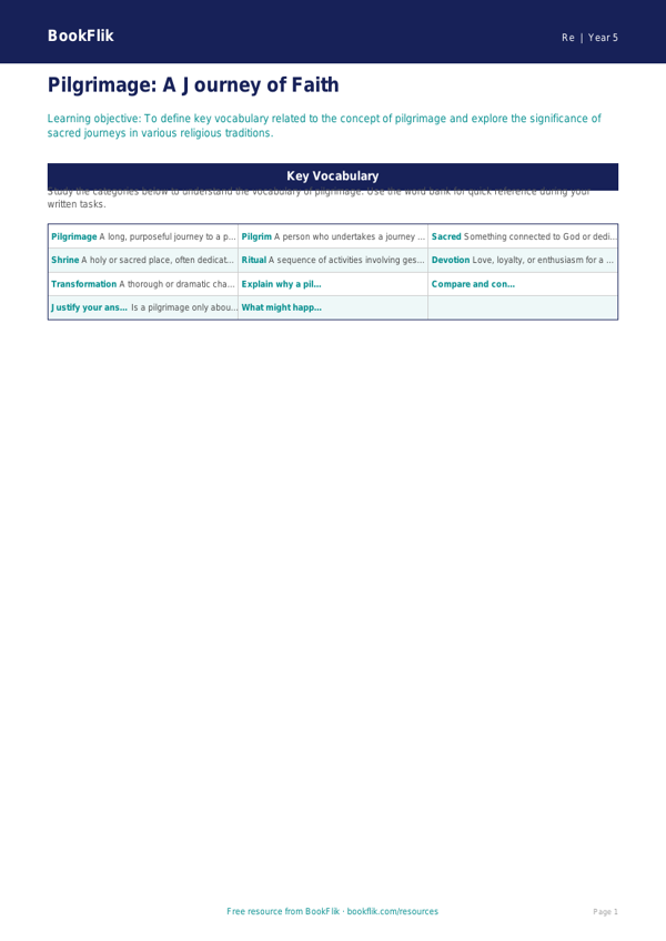 Free Pilgrimage Word Mat | Year 5 Greater Depth | BookFlik worksheet preview — Re Pilgrimage