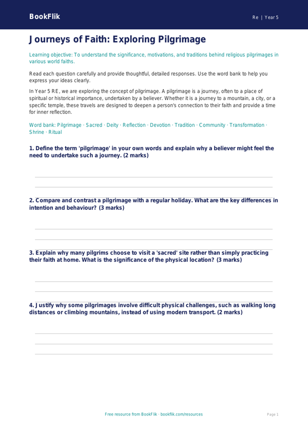 Free Pilgrimage Worksheet | Year 5 Greater Depth | BookFlik worksheet preview — Re Pilgrimage