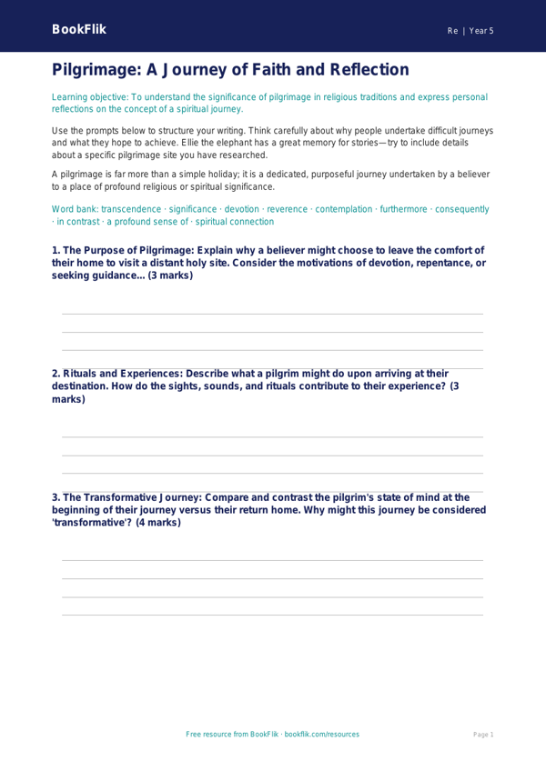 Free Pilgrimage Writing Frame | Year 5 Greater Depth | BookFlik worksheet preview — Re Pilgrimage