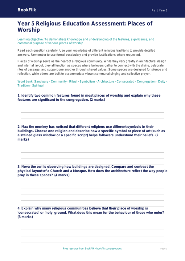 Free Places Of Worship Assessment | Year 5 Greater Depth | BookFlik worksheet preview — Re Places Of Worship