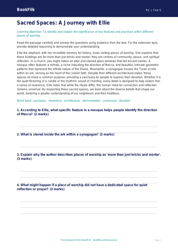 Free Places Of Worship Comprehension | Year 5 Greater Depth | BookFlik worksheet preview — Re Places Of Worship