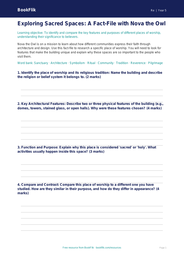 Free Places Of Worship Template | Year 5 Greater Depth | BookFlik worksheet preview — Re Places Of Worship