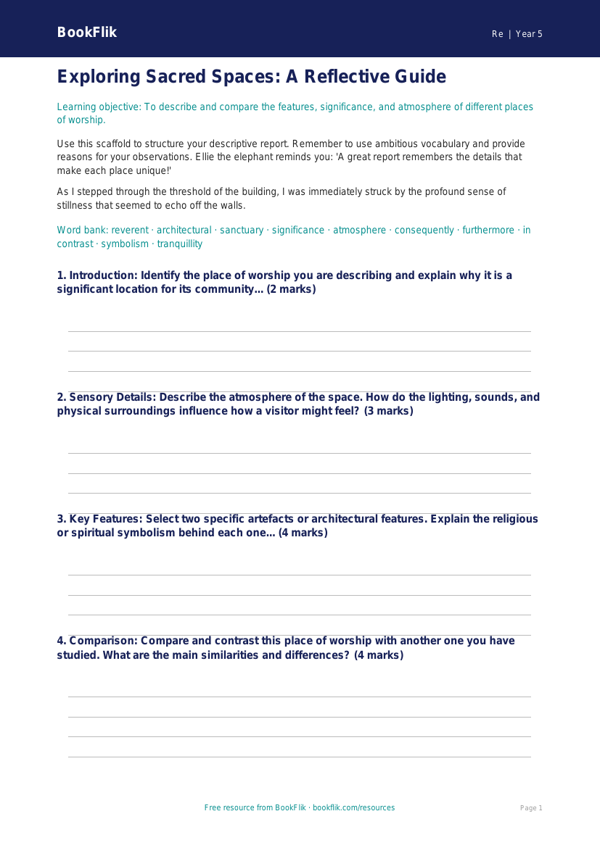 Free Places Of Worship Writing Frame | Year 5 Greater Depth | BookFlik worksheet preview — Re Places Of Worship