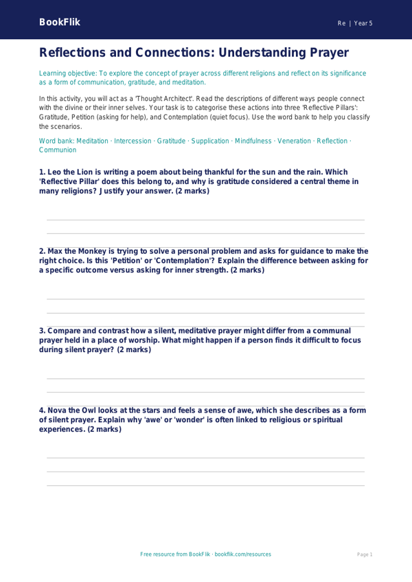 Free Prayer Activity Sheet | Year 5 Greater Depth | BookFlik worksheet preview — Re Prayer