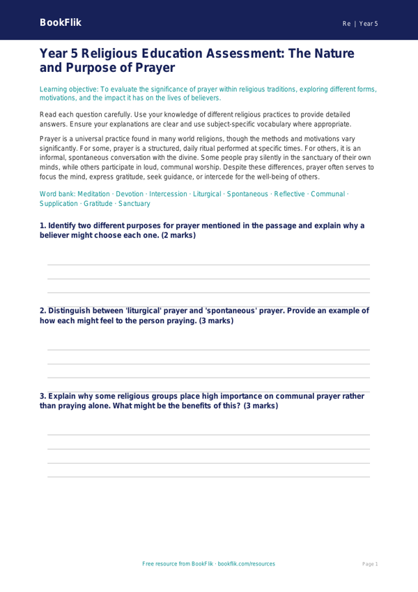 Free Prayer Assessment | Year 5 Greater Depth | BookFlik worksheet preview — Re Prayer
