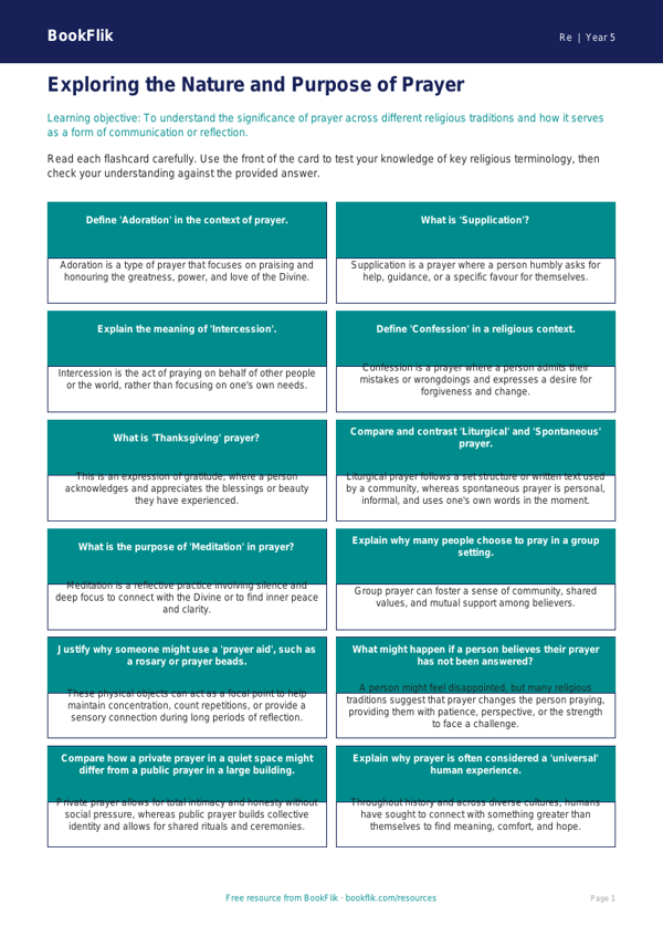 Free Prayer Flashcards | Year 5 Greater Depth | BookFlik worksheet preview — Re Prayer